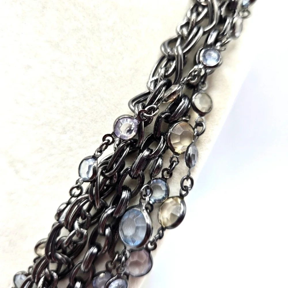 VINTAGE Talbots Gun Metal Multi Strand Chain Clear Stone Beaded Necklace